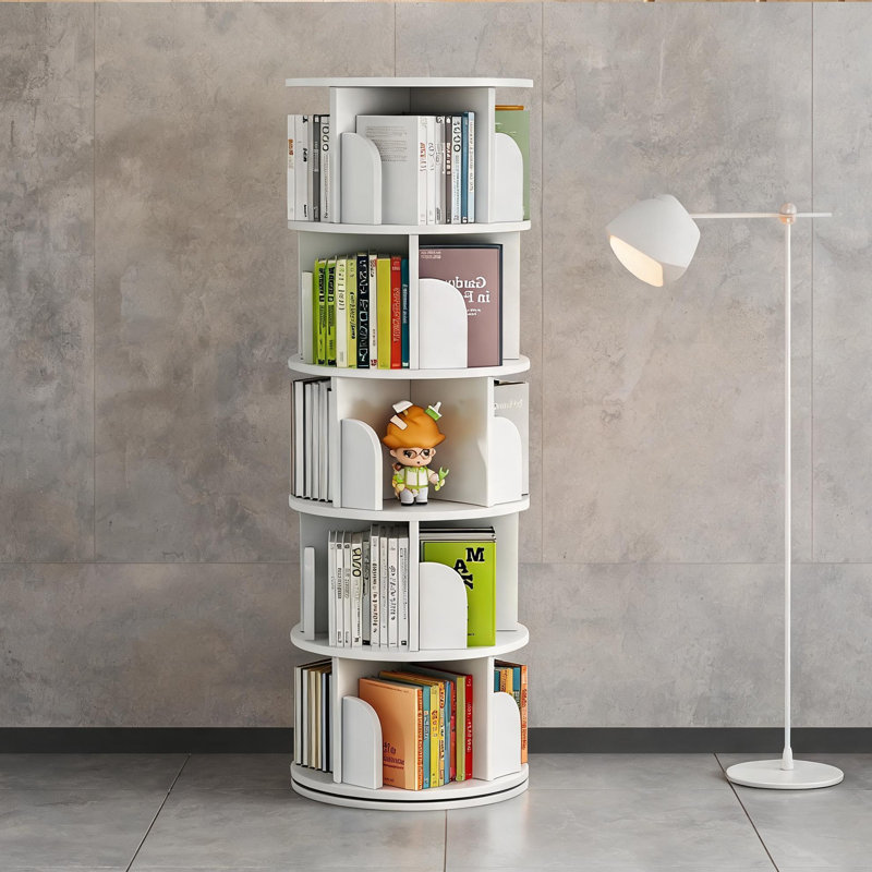 Rangement en coin pour le bureau de la chambre à coucher à la maison, bibliothèque à 5 niveaux rotatifs à 360 degrés, panneau de fibres à densité moyenne blanc doux compact