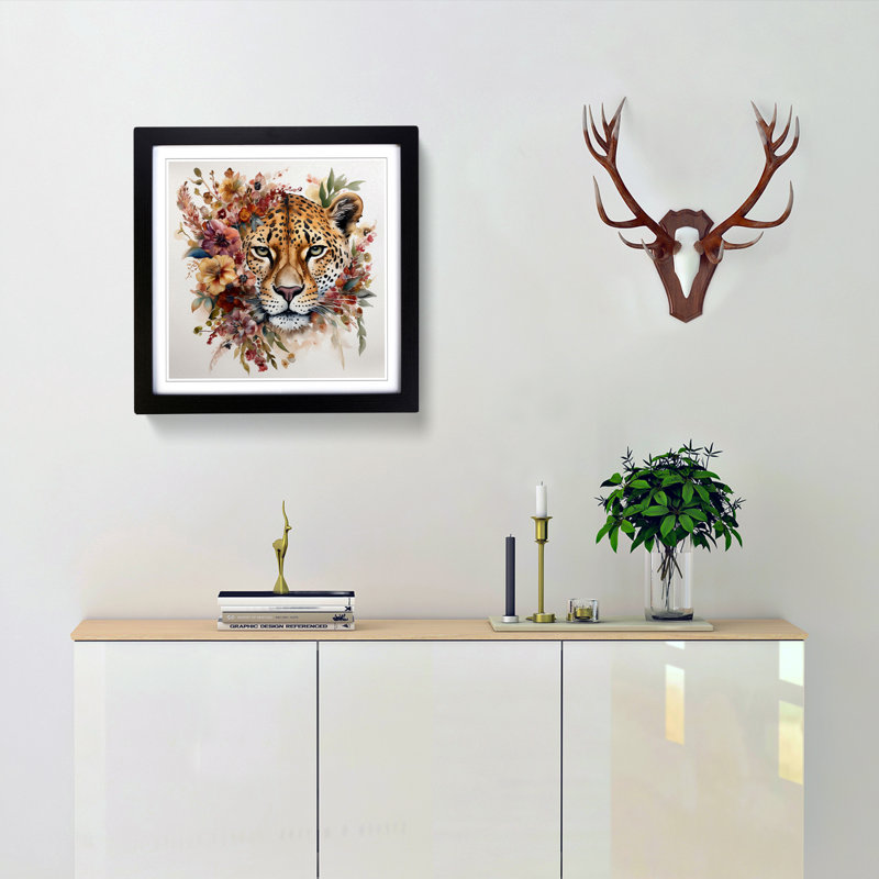 Leopard Floral Art No.1 - Single Picture Frame Print on Wood, Black