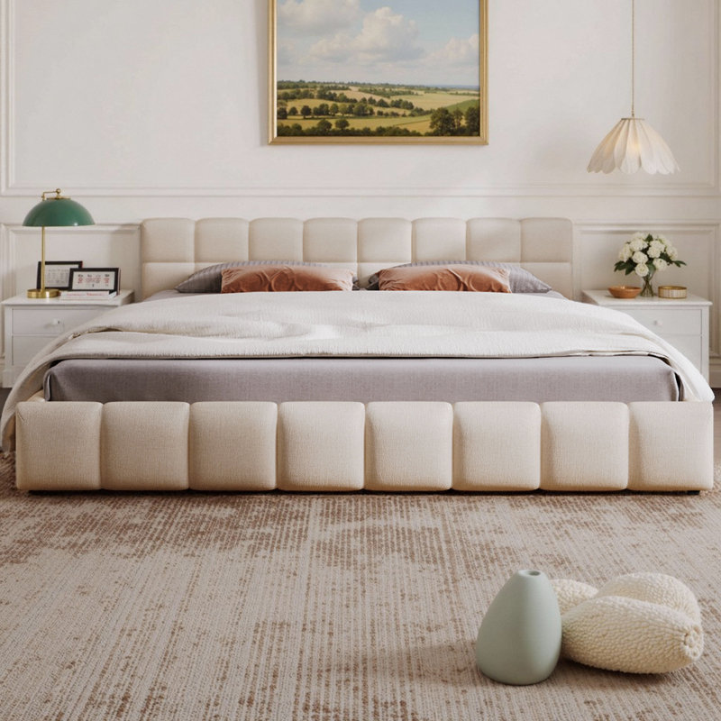 Élégante base de lit tapissier en chenille beige avec tête de lit en damier, aucun sommier nécessaire, Grand lit