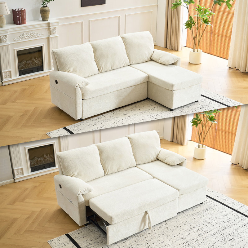 Upholstered L Shape Velvet Sleeper Sofa Sleeper Couch Pull Out Sofa Sofa Bed, Beige