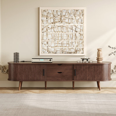 Mid Century Modern Tv Stand With Tambour Doors, Drawers And Power Outlet
