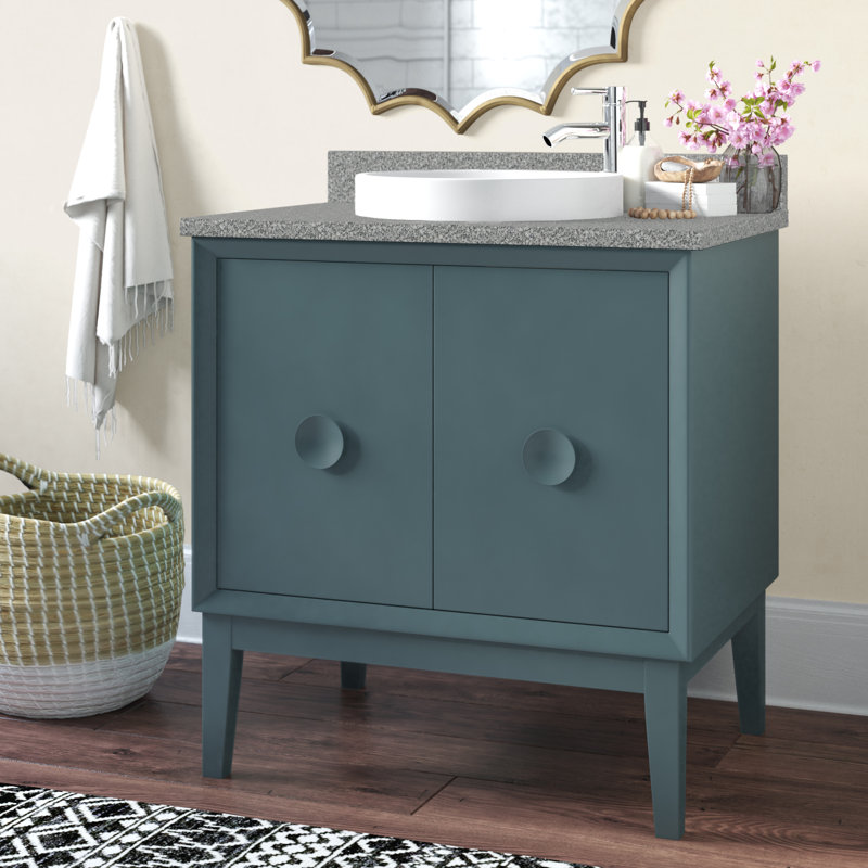 Crumley 31'' Free-standing Single Bathroom Vanity with Stone Vanity Top, Aqua Blue/Gray Granite