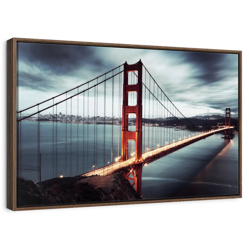 Nuage de tempête Golden Gate Bridge, 37 po x 25 po, Cadre flottant en noyer