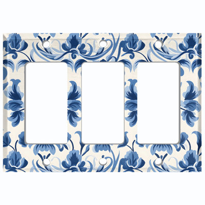 Elegant Damask Blue Flower White Christmas Festive Tree Lights 3 - Gang Rocker Standard Wall Plate