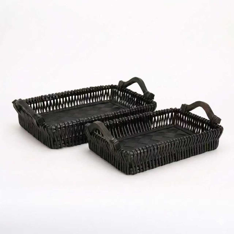 Set of 2 Handwoven Willow Storage Baskets with Wood Base & Handles for Entryway, Coffee Table, Bedroom, Black