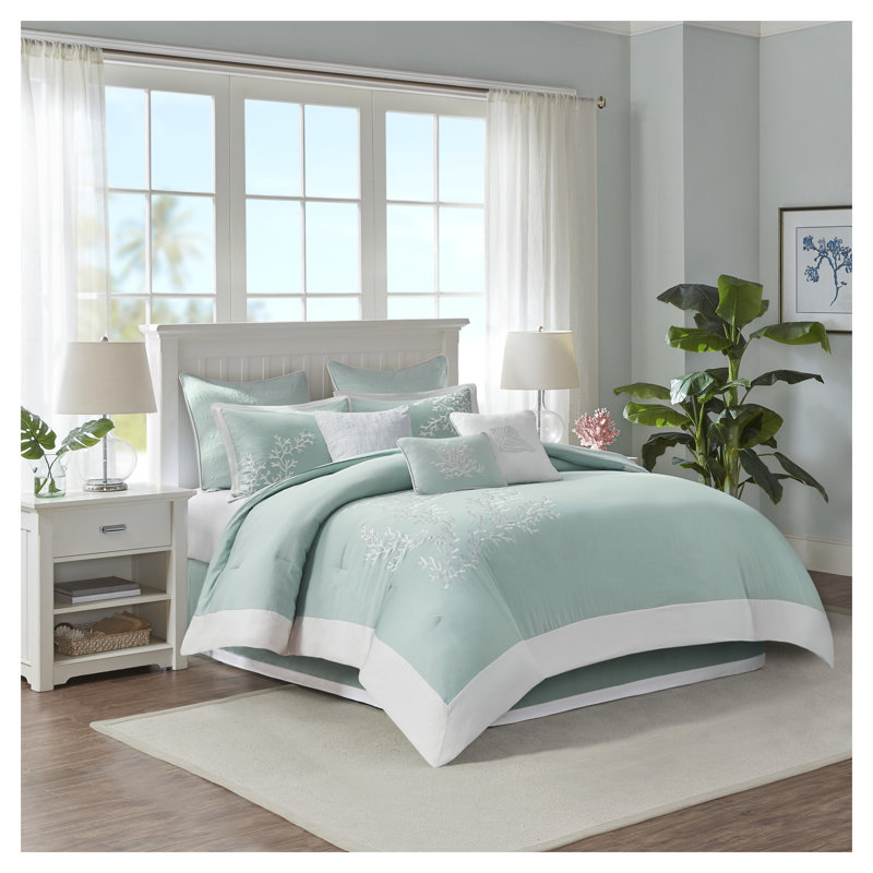 Ensemble d'édredon surdimensionné en jacquard de coton - Literie très grand turquoise avec broderie corail, rembourrage en polyester hypoallergénique