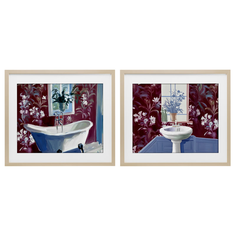 Ensemble de salle de bain sous-verre 2 pièces, par Annabelle Hall, H 13 po x l 16 po, Cadre de récolte en pin
