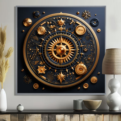 Ancient Compass Geometric In Gold And Blue - Abstract Geometric Wall Art