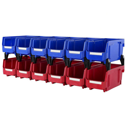 Bac de rangement en plastique (11 po x 5 po x 5 po), bac de rangement empilable et suspendu, bleu / rouge, paquet de 12, contenants empilables robustes pour l'organisation de placard, de cuisine, de bureau ou de garde-manger