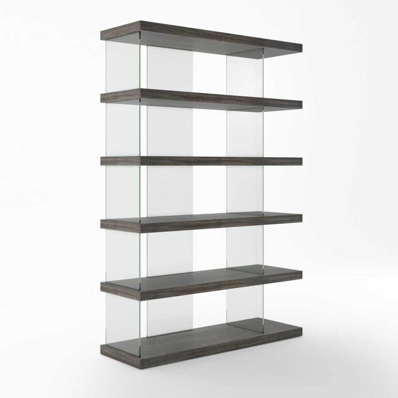 Bibliothèque moderne 47 "à 6 niveaux avec tablettes en verre trempé et grande étagère en grain de bois
