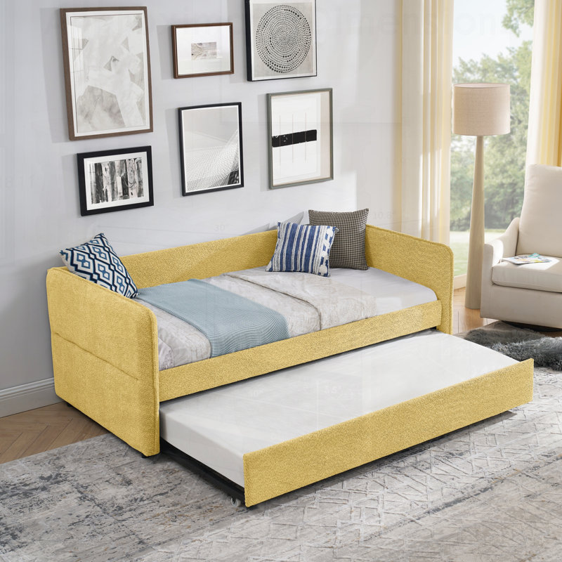 Lit de jour avec couchette escamotable, canapé-lit capitonné en tissu Boucle pour une assise et un sommeil polyvalents et confortables