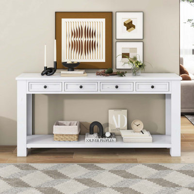 Console en bois avec tiroirs, tablette inférieure