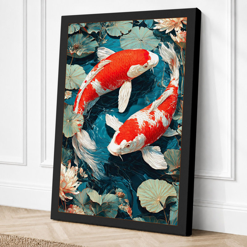 Koi In Circles Japandi - Print, 30x20 - 76.2 x 50.8 cm, Black Border