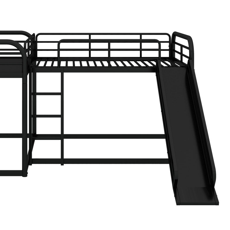 Full And Twin Size L-Shaped Bunk Bed With Slide And Short Ladder, Black