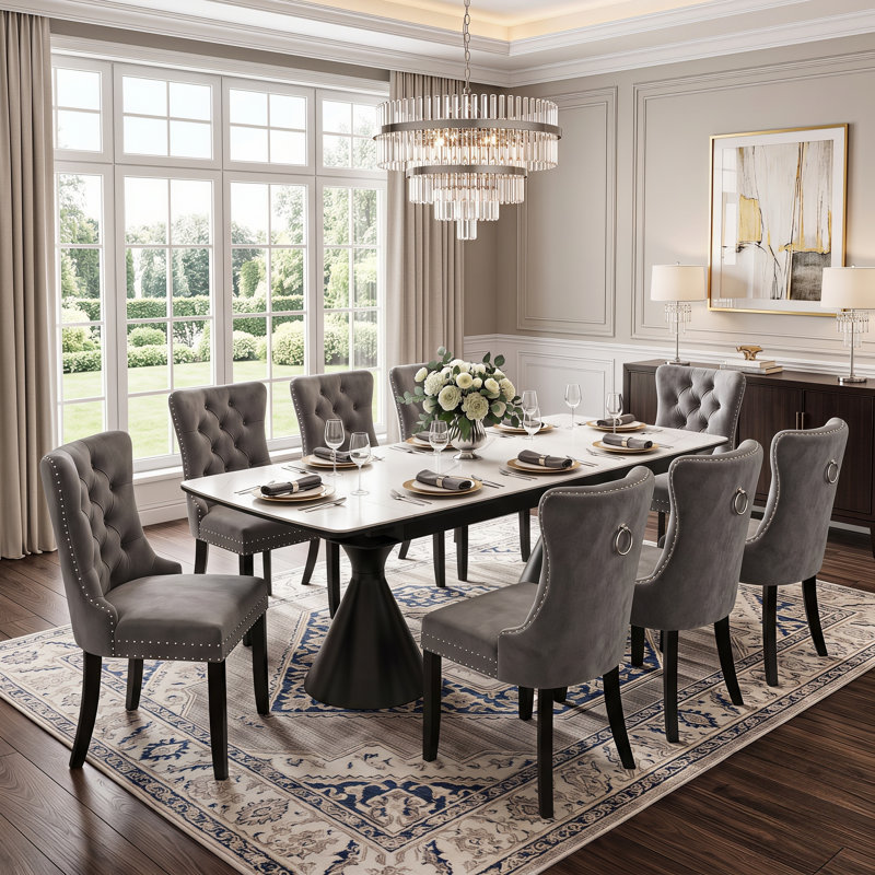 Ensemble de salle à manger extensible Modern Glam, 9 pièces : table, 8 chaises, Gris
