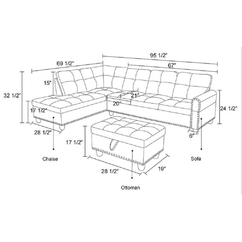 Ahuva Upholstered Sectional Left Hand Facing, Left Hand Facing, Gray Linen