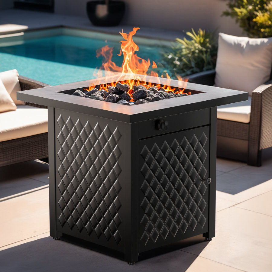 Square Outdoor Propane Fire Pit Table with Lid and Lava Rocks 60,000 BTU Steel Gas Fire Pit