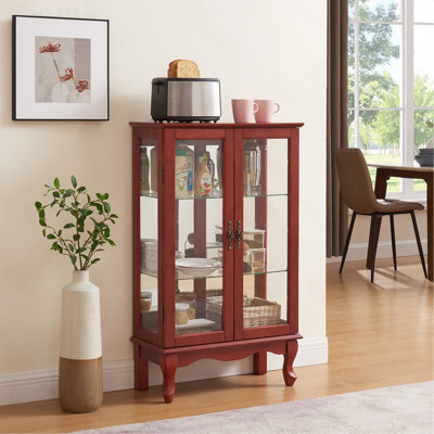 Vitrine 2 portes avec portes en verre trempé, armoires de terrasse avec panneau arrière en miroir et tablettes réglables, vitrine éclairée pour la maison, ampoule de bureau incluse cerisier