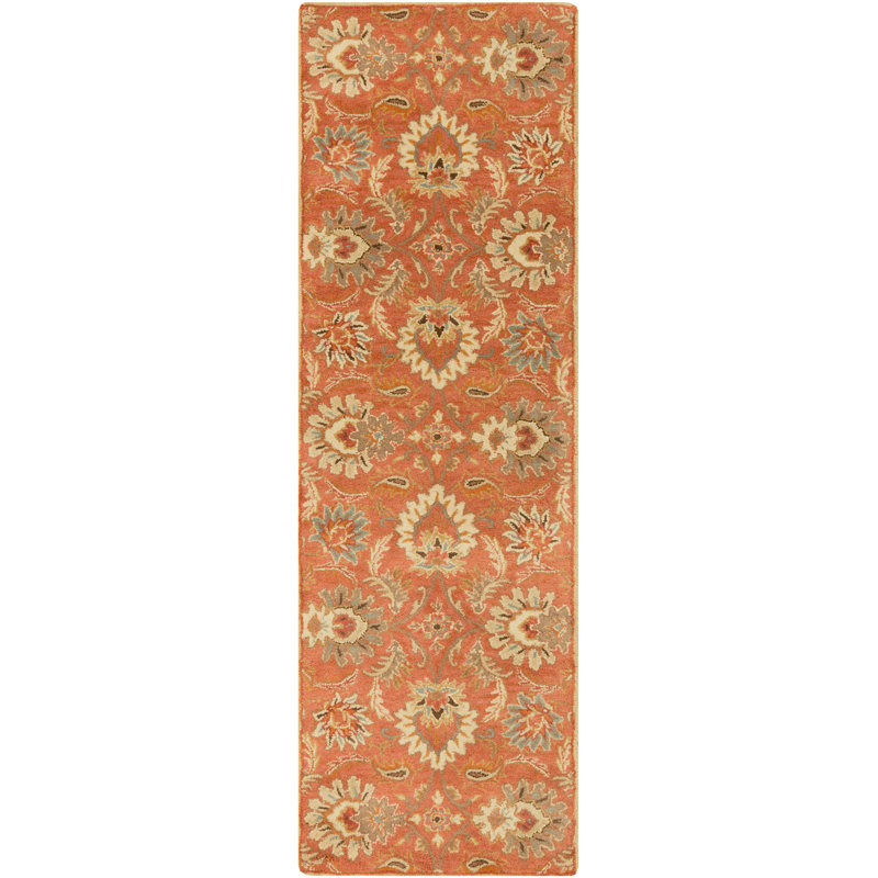 Tapis oriental en laine touffeté à la main terre cuite / orange / sauge poussiéreux Aaron, Tapis de couloir 3 pi x 12 pi