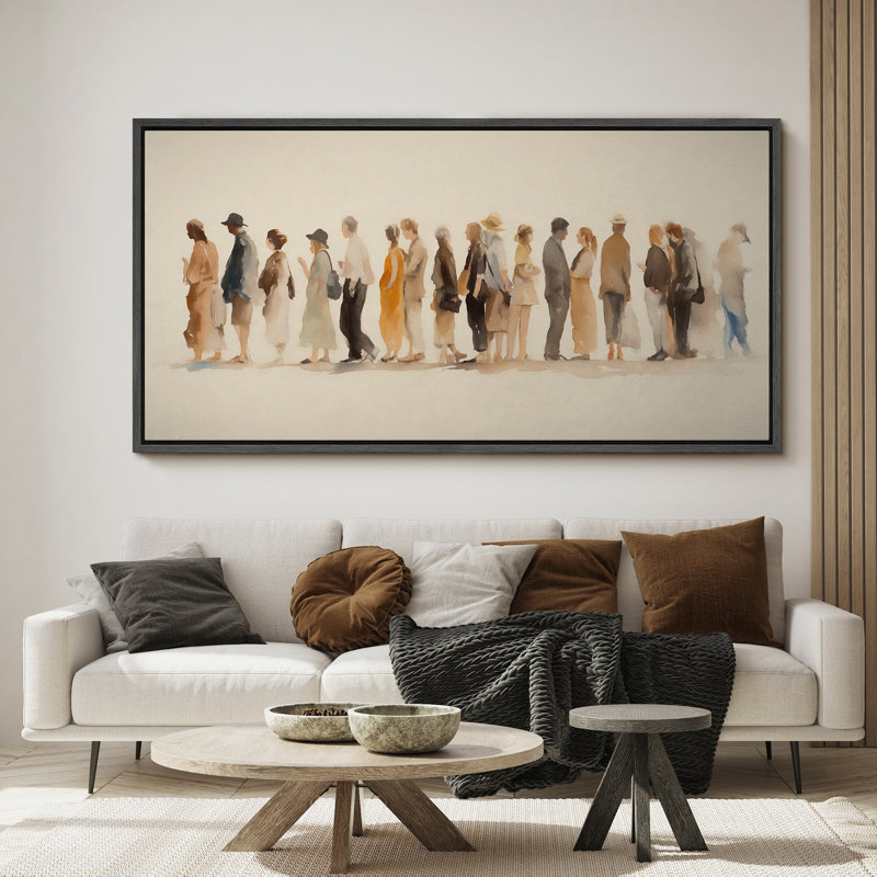 «People permanent in line», toile encadrée à l'aquarelle de personnages humains minimalistes, Noir, H 30 po x l 60 po