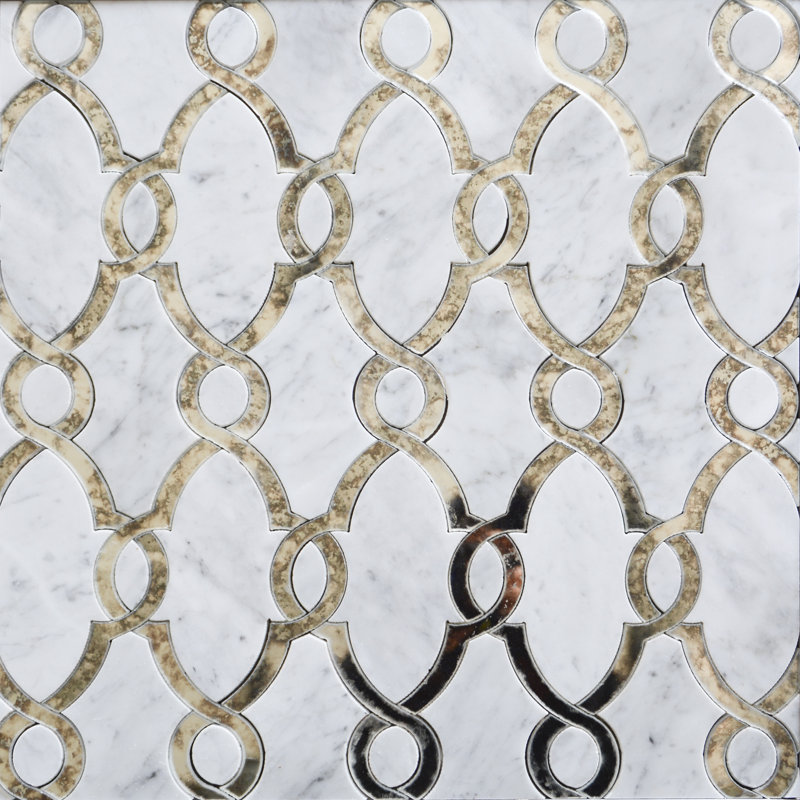 5" x 7" Marble Novelty Mosaic Wall Tile, White Marble/Antique Mirror
