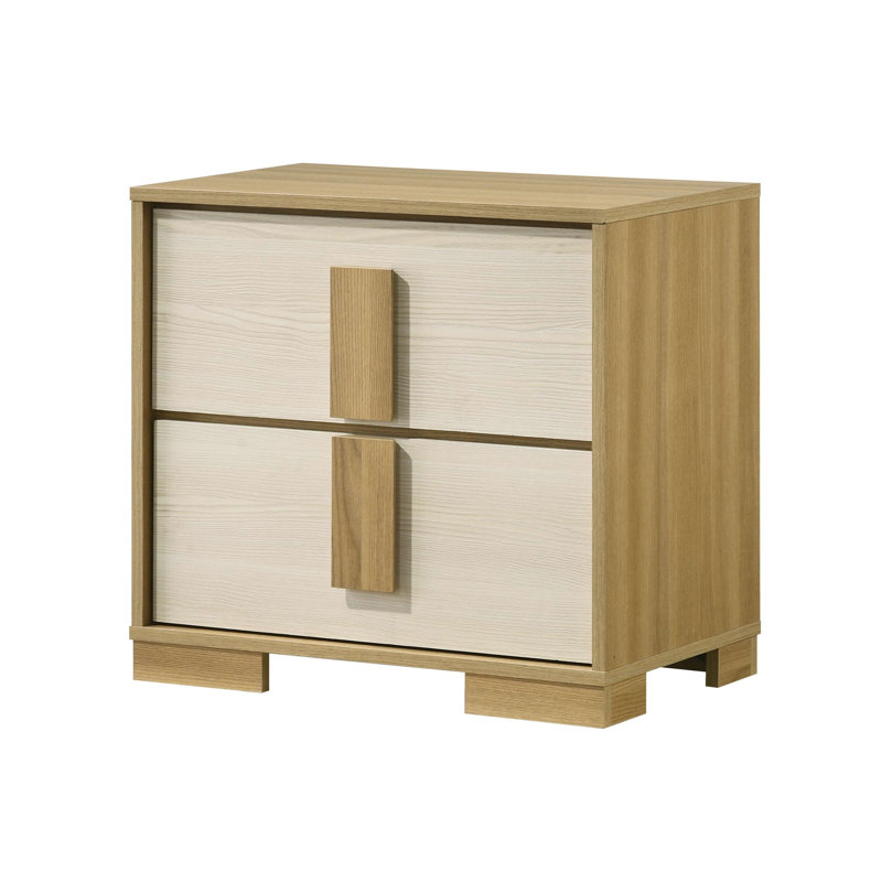 Table de chevet 2 tiroirs Boone en finition bois naturel et blanc - Design à profil mince avec tiroirs à queue d'aronde anglaise