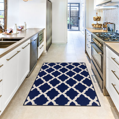Tapis marocain antidérapant Glamour pour salon, couloir, tapis d'entrée, bleu marine / ivoire
