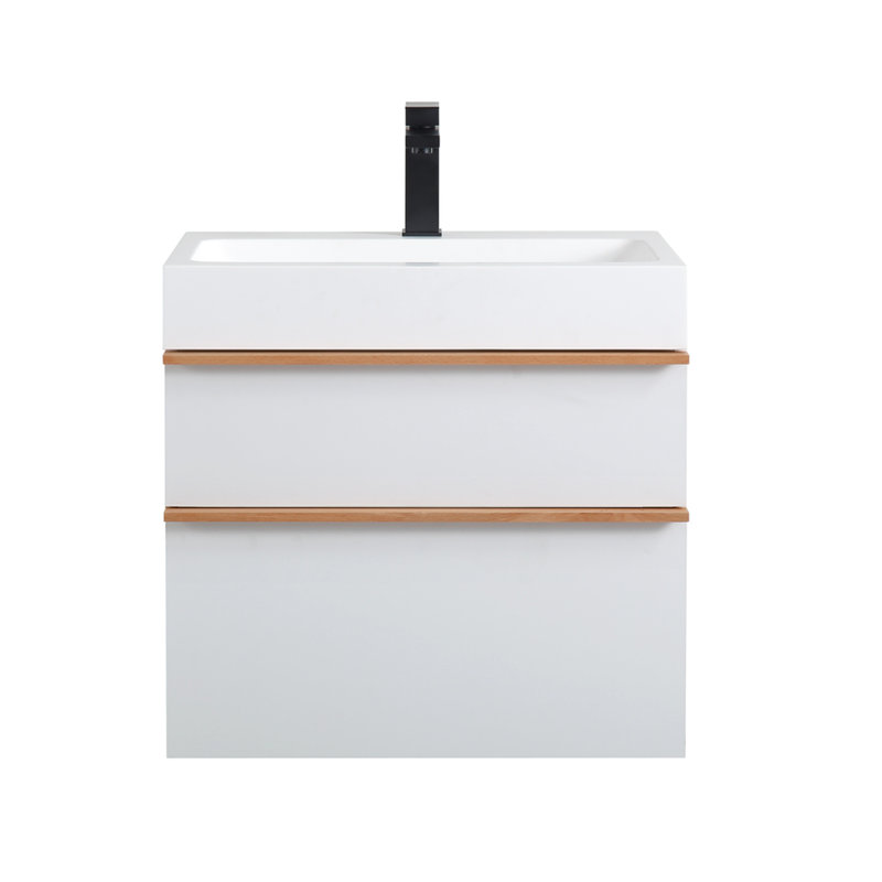 Meuble-lavabo mural blanc de 24 po, lavabo en acrylique intégré, tiroirs à fermeture en douceur, poignées bicolores, revêtement mat, cloisons de rangement intégrées pour le montage, avec tiroir silencieux