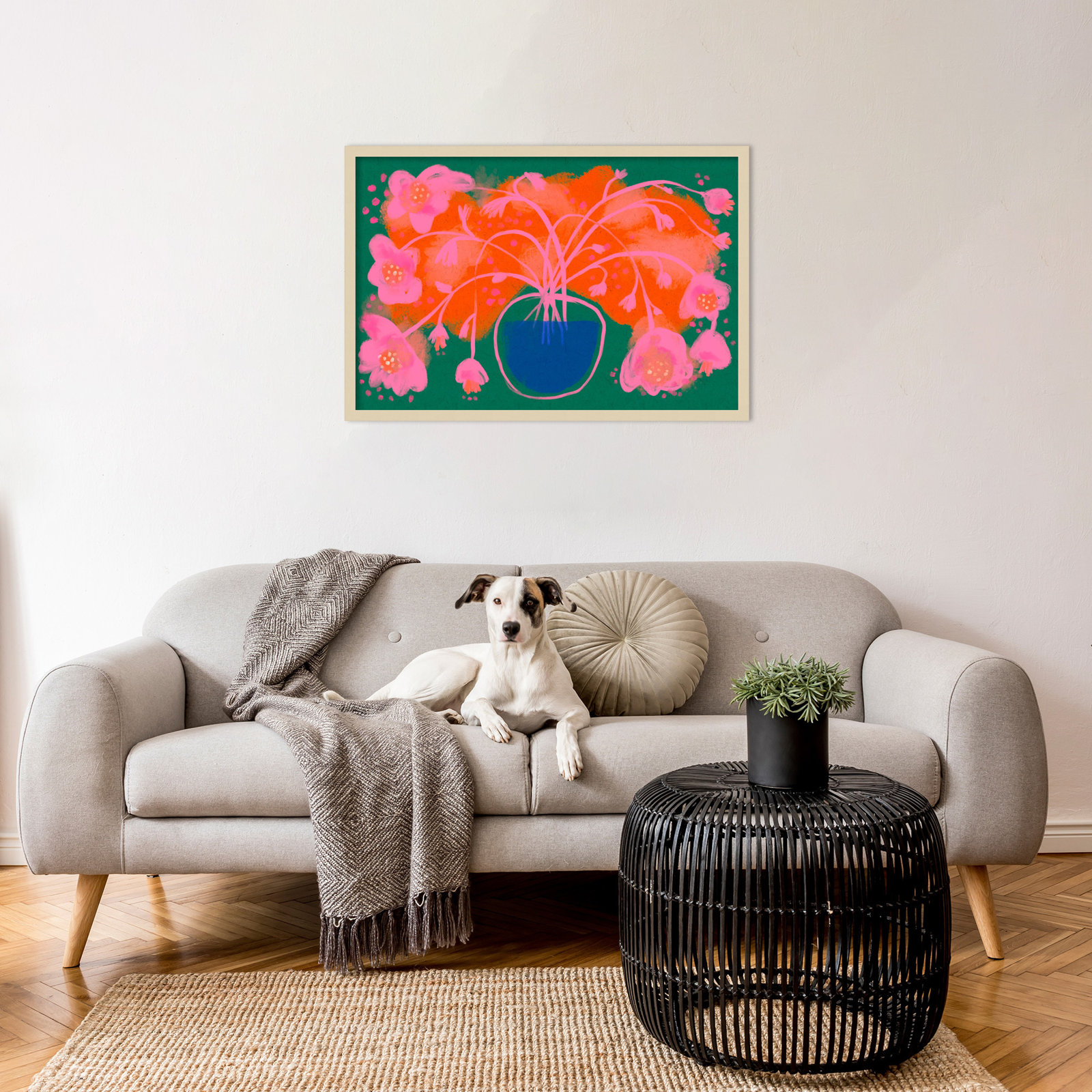 Pink Flower Bouquet by Treechild  Wood Framed Wall Art Print, Brown, 23" H x 33" W