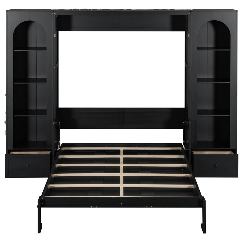 Grand lit plateforme escamotable avec tablette, armoires latérales, tiroirs et DEL, Noir