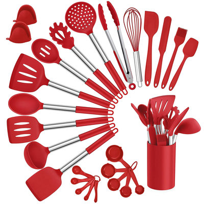 Ensemble de 27 ustensiles de cuisine en silicone, acier inoxydable, résistant à la chaleur antiadhésif, rouge