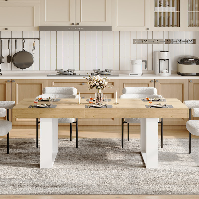 Rectangular Extendable Dining Table, White, Oak Wood