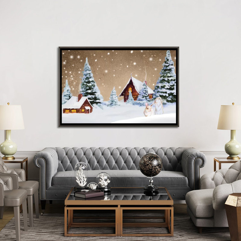 « Christmas village » par Janice Gaynor-impression, H 40 po x l 60 po x 1,5 po, Toile encadrée de bois rustique foncé