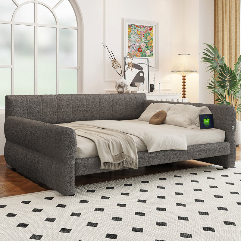 Très grand lit plateforme tapissier avec USB, gris, Gray
