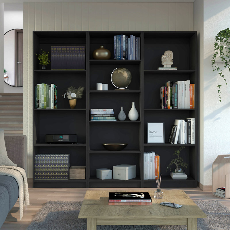 Ensemble de bibliothèque 3 pièces, 74 po de largeur avec 13 tablettes, ensemble de salon, Noir