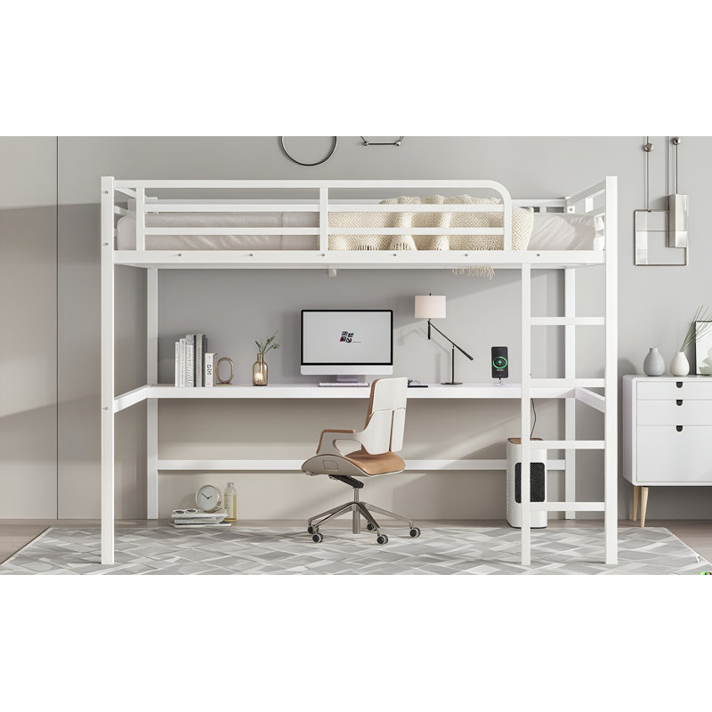 Grand lit mezzanine en métal avec bureau, prise de courant et éclairage à DEL, peu encombrant, réduit le bruit, blanc