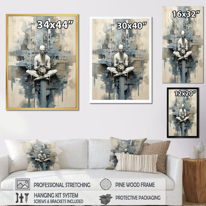 Abstrait médiation de yoga abstrait bleu et blanc sur toile, Toile tendue, 32" H x 16" W