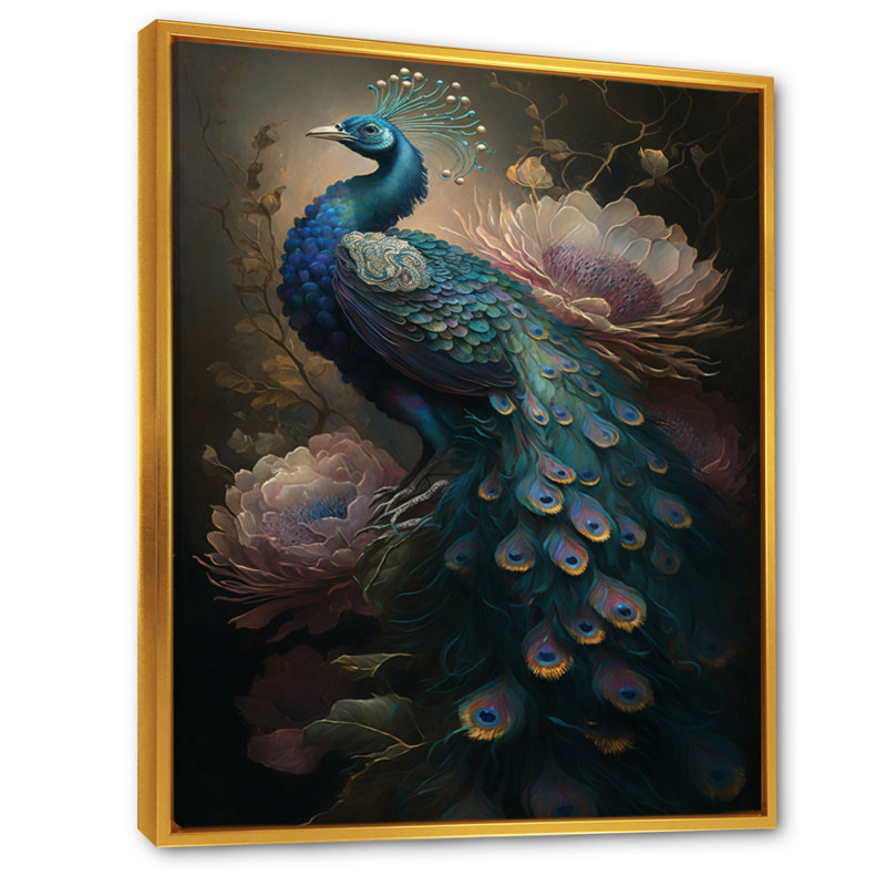 Peacock With Flowers - Peacock Canvas Print, 20" H x 12" W, Floater Framed Print, Gold