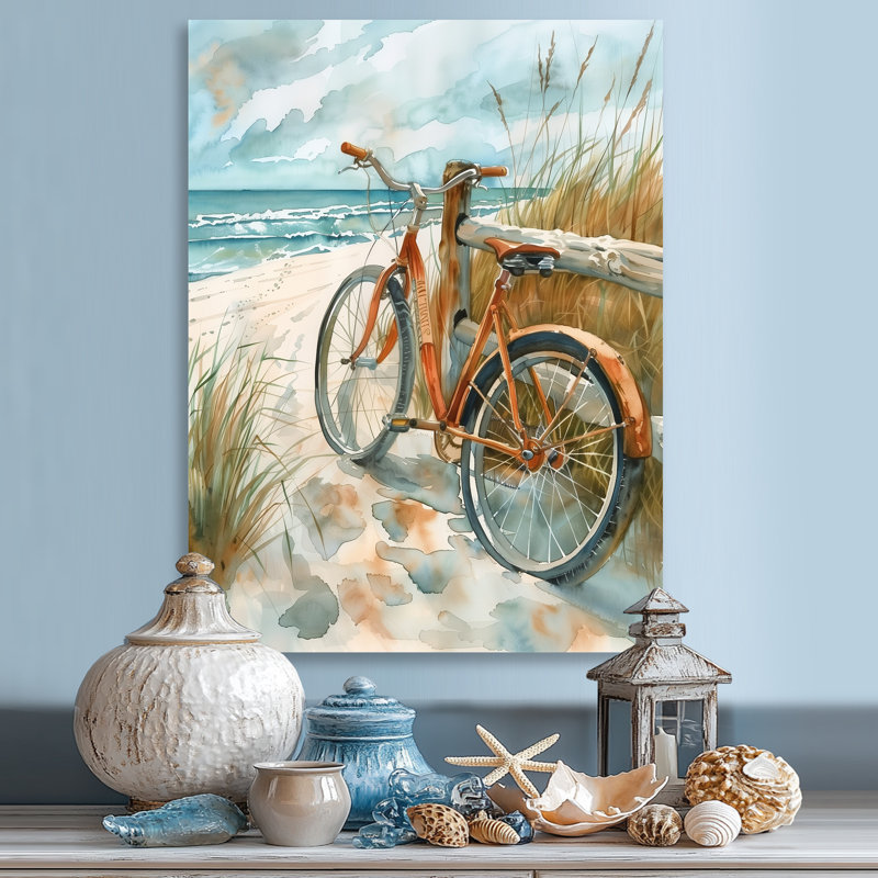 Vélo orange sur le sentier de la plage côtière - salon d'art mural côtier, Métal métal, H 32 po x l 16 po