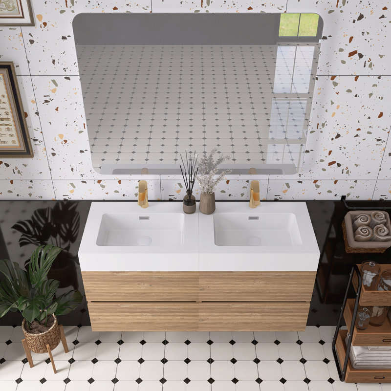 Meuble-lavabo avec lavabo en quartz blanc et tiroirs souples, 48"