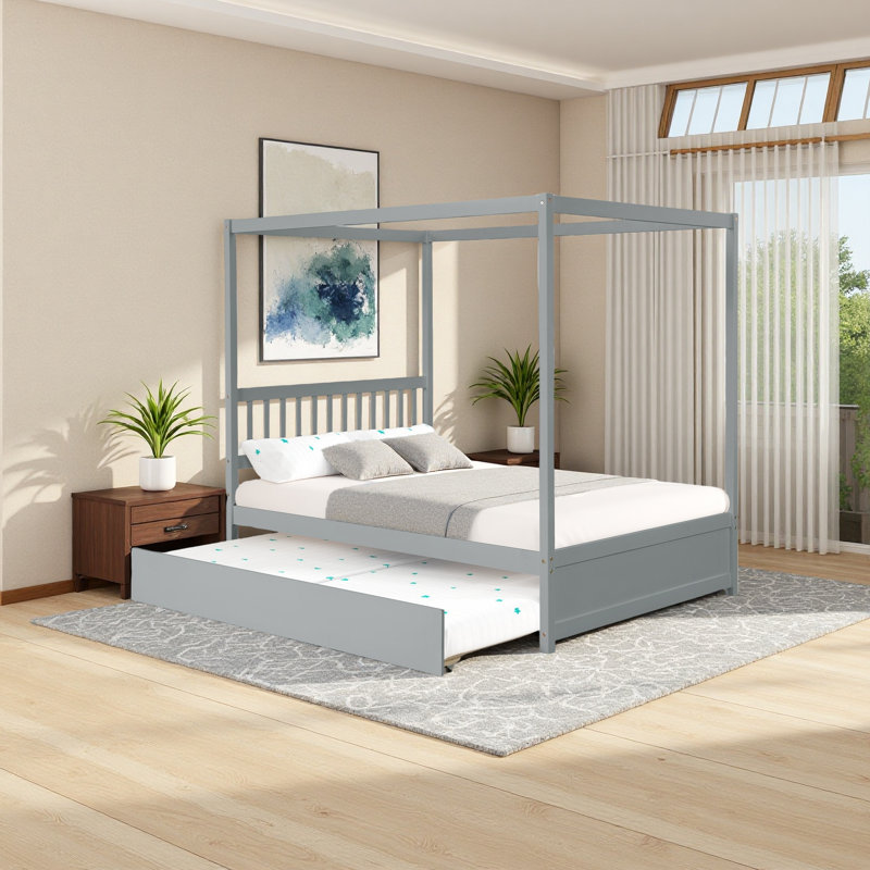 Lit à baldaquin pleine grandeur avec lit gigogne simple, base de lit en bois massif pour enfants, Gris