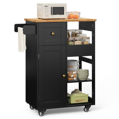 23.6*34.6*15.4 Kitchen Island Kitchen Cart With Three Shelves, One Drawer And One Cabinet, With Universal Pulleys, Equipped With Towel Rack And Side Hooks