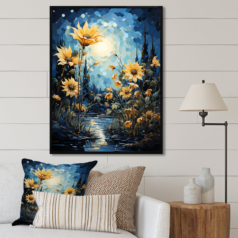 Expressionniste énergie tournesols sur toile, H 44 po x l 34 po x P 1,5 po, Cadre flottant noir