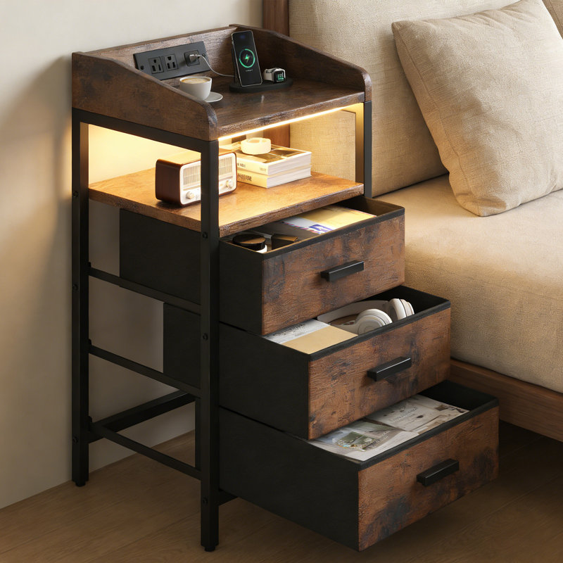 Multi-Functional Nightstand with Wireless Charging, USB Ports & 3 Drawers