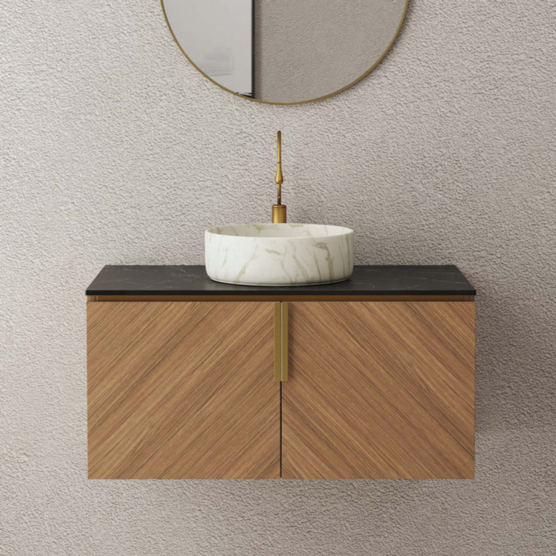 Meuble-lavabo de salle de bain, meuble de rangement flottant en contreplaqué pour salle de bain avec comptoir en pierre frittée à 2 portes et lavabo rond en céramique à motif de pierre