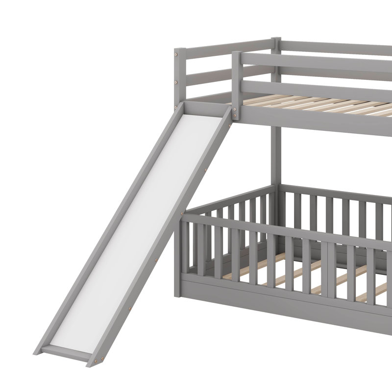 Twin Over Twin Bunk Bed With Slide And Ladder Wood Bed, Gray