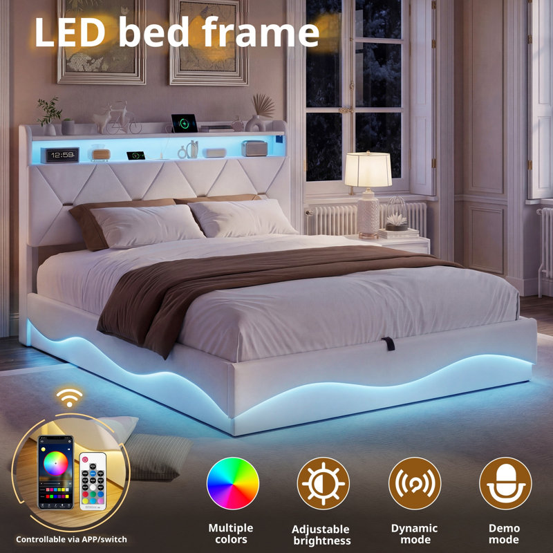 Ottoman Storage Bed, Beige, European Kingsize (160 x 200 cm)