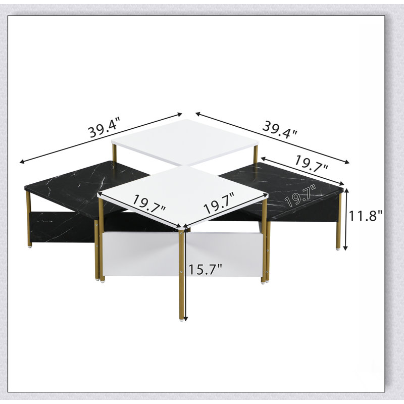 Ensemble de 4 tables basses gigognes Modern Modern Mid-Century Square, Noir / blanc
