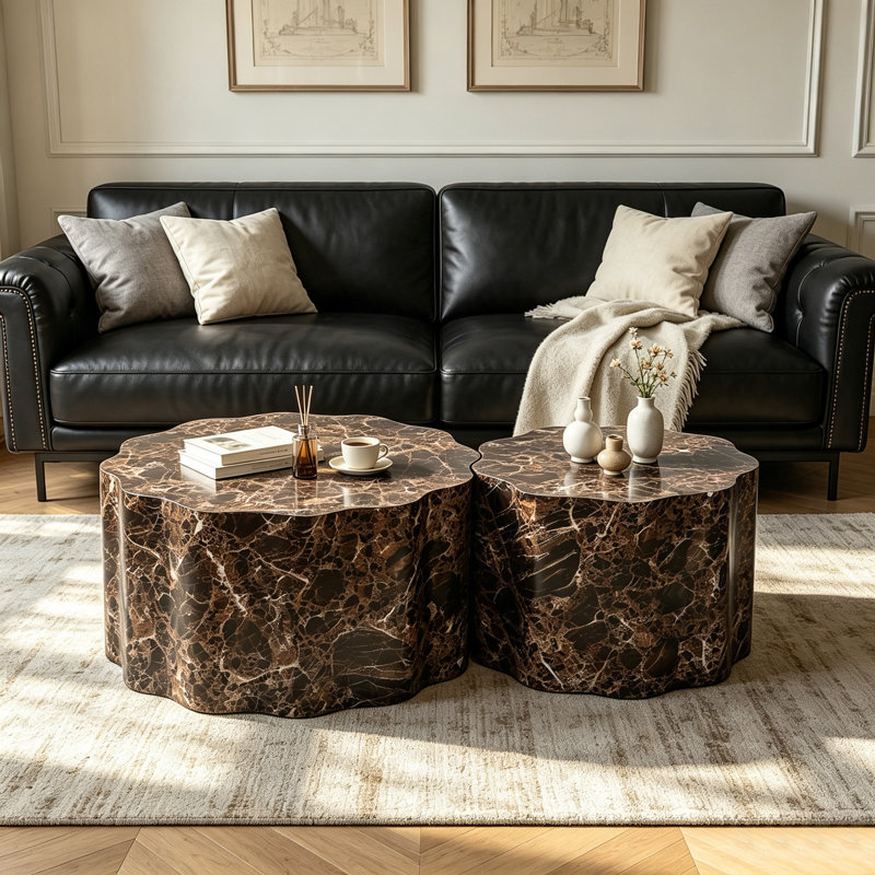 Ensemble de 2 tables basses rondes avec plateau en faux marbre de travertin et tables d'appoint minimalistes modernes pour le salon