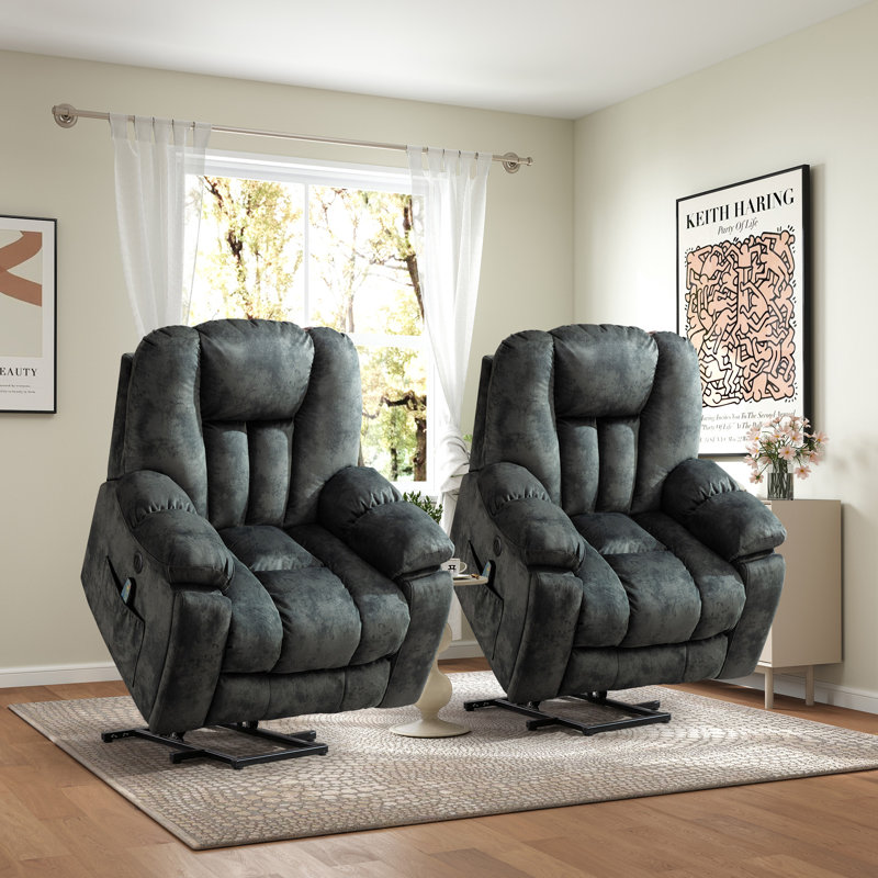 41'' Oversized Power Lift Chair Heated Massage Electric Recliner with  Super Soft Padding Set of Greenish-Gray Velvet